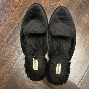 Birdies Phoebe Black Faux Fur Velvet Slides, sz. 9